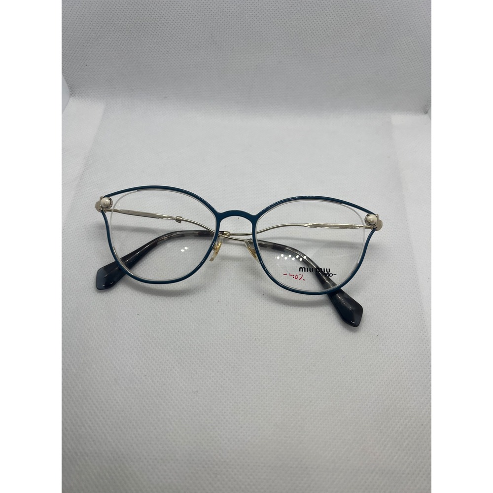 Miu Miu VMU 53O Teal Blue‎ Gold Pearl Cat Eye Optical Eyeglass Frames 52-18-145
